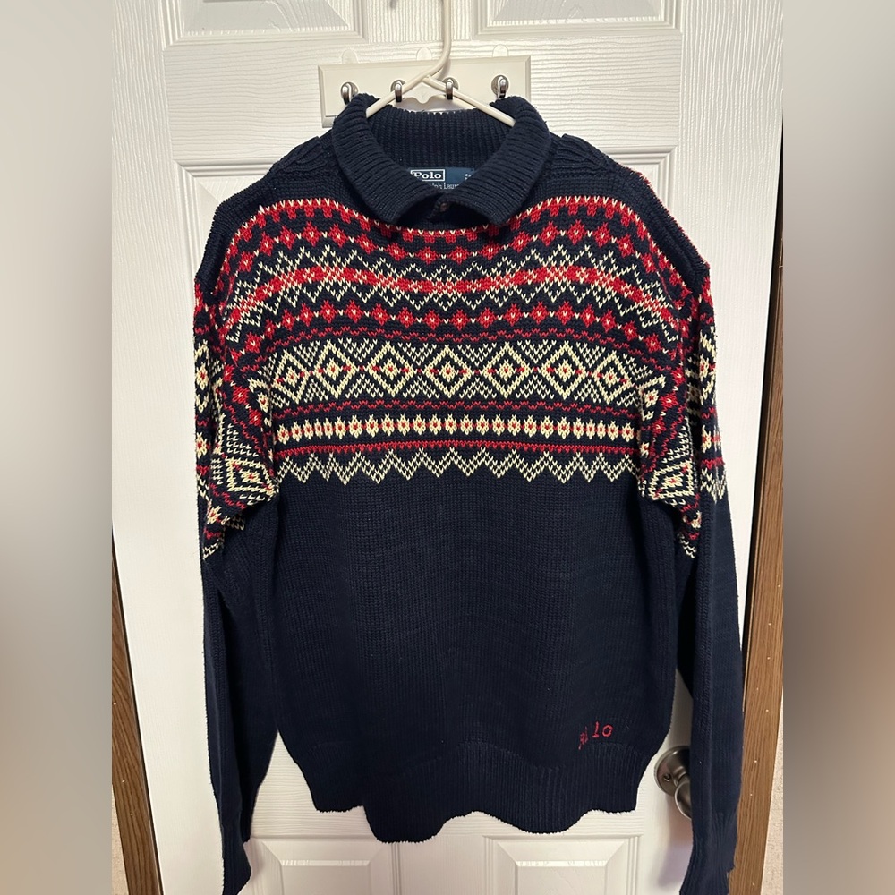 Ralph Lauren Men's Turtleneck Sweater in Navy, Red, and Cream Pattern